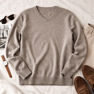 Minimalist Taupe Cashmere V-Neck Sweater | Quiet Luxury Essential